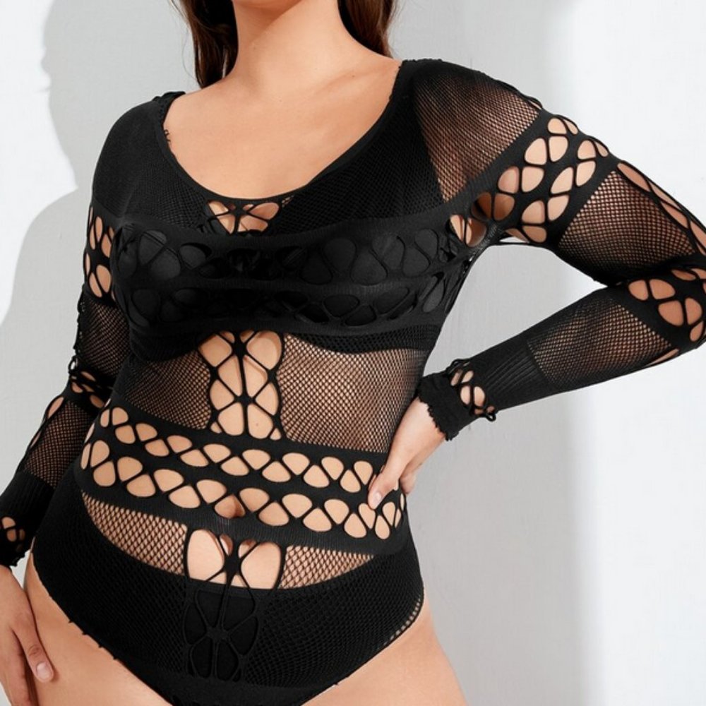 THINK SEXY BE SEXY Cut-out Fishnet Teddy Bodysuit Without Lingerie